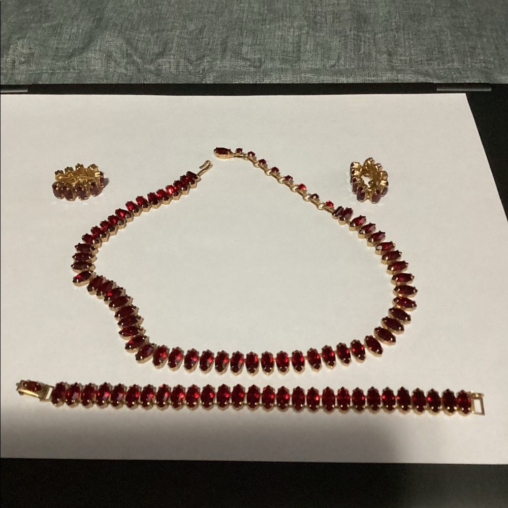 Necklace, bracelet and clip on earrings.  Set.  DENBE!  Red ruby.
